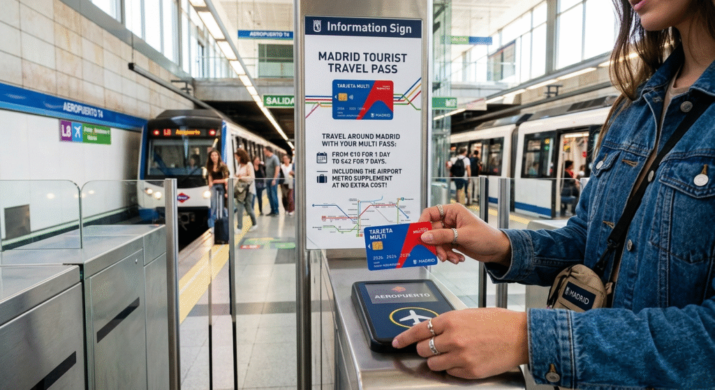 Madrid metro tourist travel pass Tarjeta Multi card 2026 Zone A unlimited transport airport red card