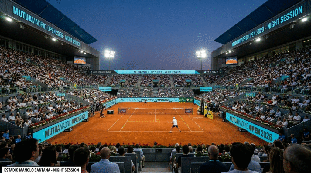 Manolo Santana Stadium night session Mutua Madrid Open 2026 crowd floodlights