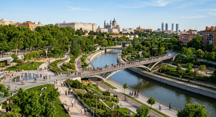 Madrid Rio park Manzanares river spring cyclists joggers bridge views 2026