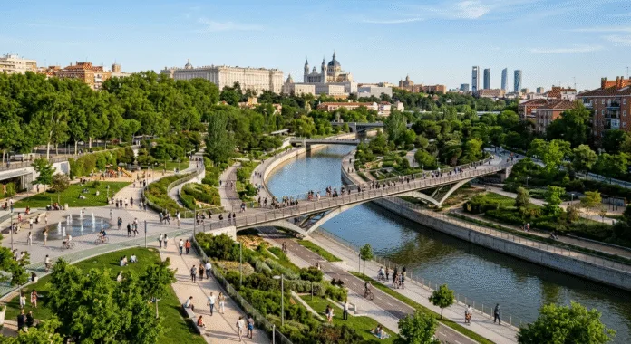 Madrid Rio park Manzanares river spring cyclists joggers bridge views 2026
