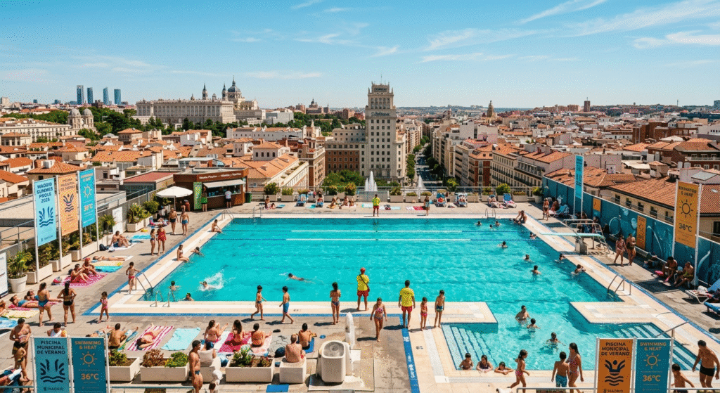 Madrid summer pool rooftop piscina municipal outdoor swimming heat escape 2026 city views sun loungers