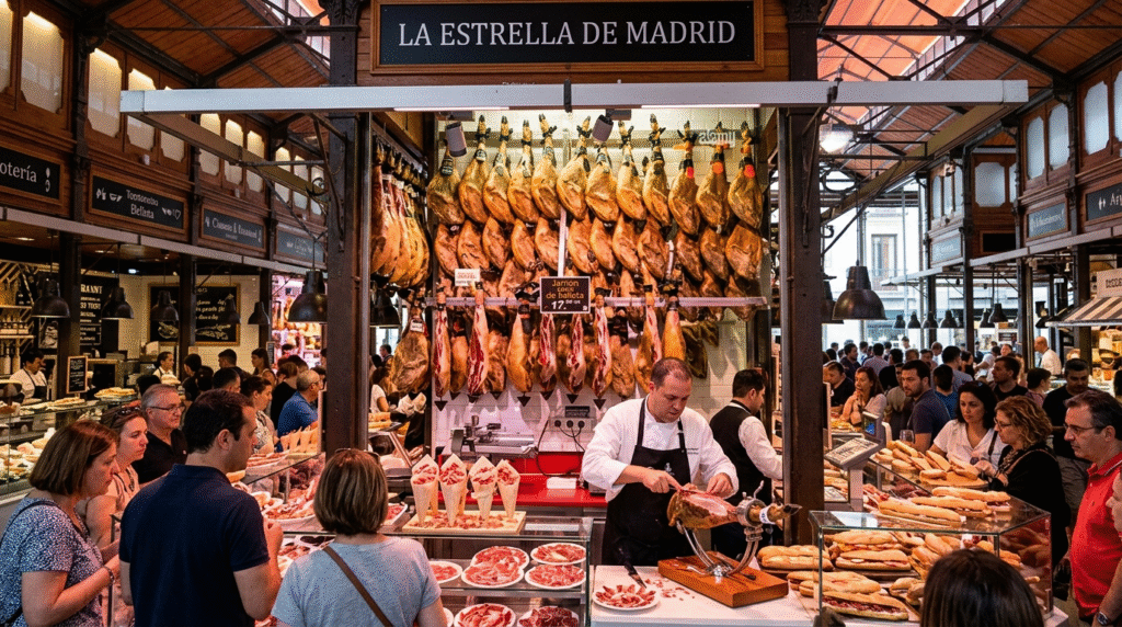 Mercado San Miguel Iberian ham jamón ibérico de bellota hanging Más Gourmets vendor
