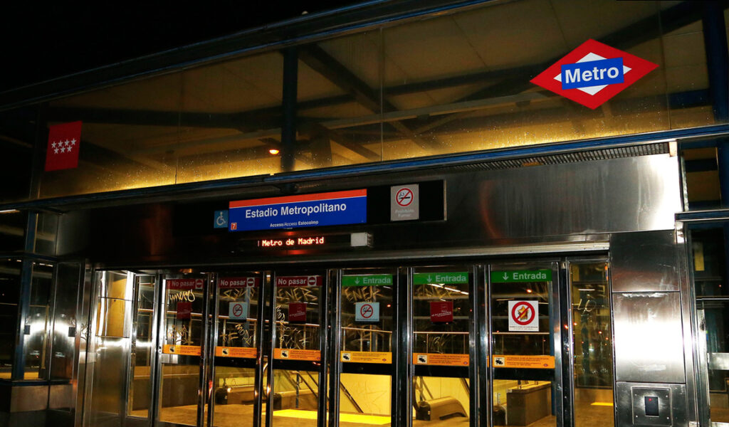 Estadio Metropolitano metro station entrance Line 7 orange Madrid