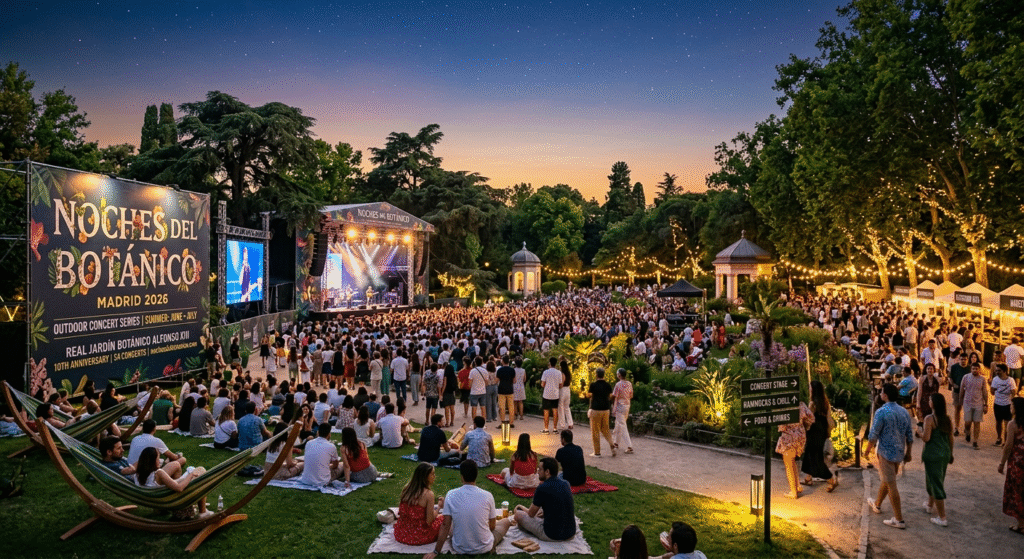 Noches del Botánico Madrid 2026 outdoor concert botanical garden summer June July trees stage lights