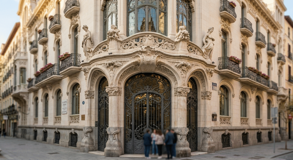 Palacio de Longoria Madrid Art Nouveau 1902 SGAE Fernando VI facade flowers ornate carvings stone