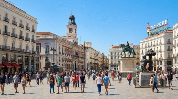 Puerta del Sol Madrid Centro bear strawberry tree statue Kilometre Zero crowd