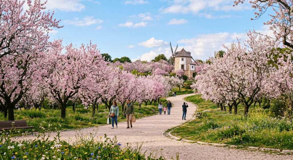 Quinta de los Molinos Madrid almond blossom spring pink white trees 1500 free park