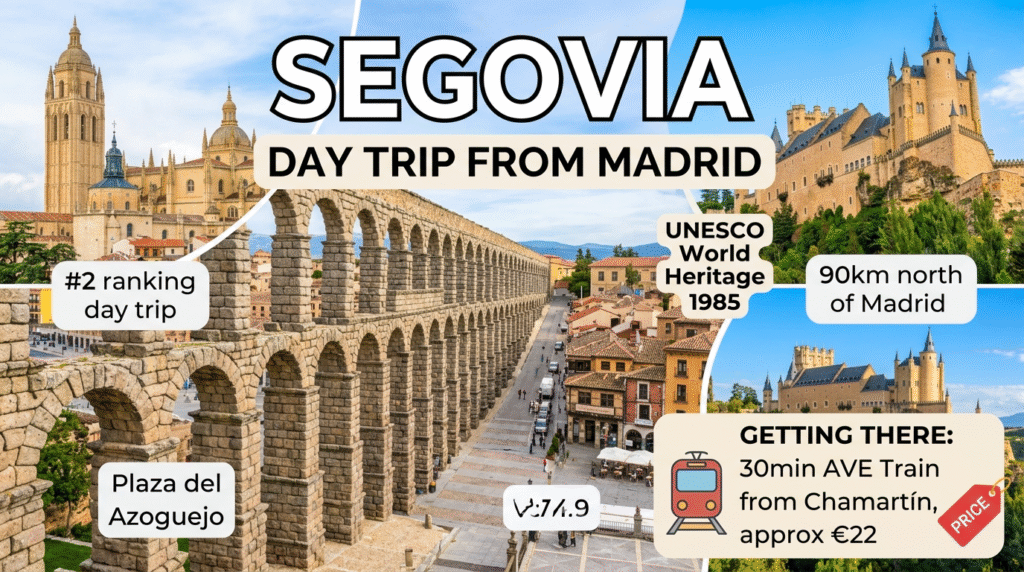 Segovia day trip Madrid Roman aqueduct Alcázar castle Disney inspiration cochinillo UNESCO