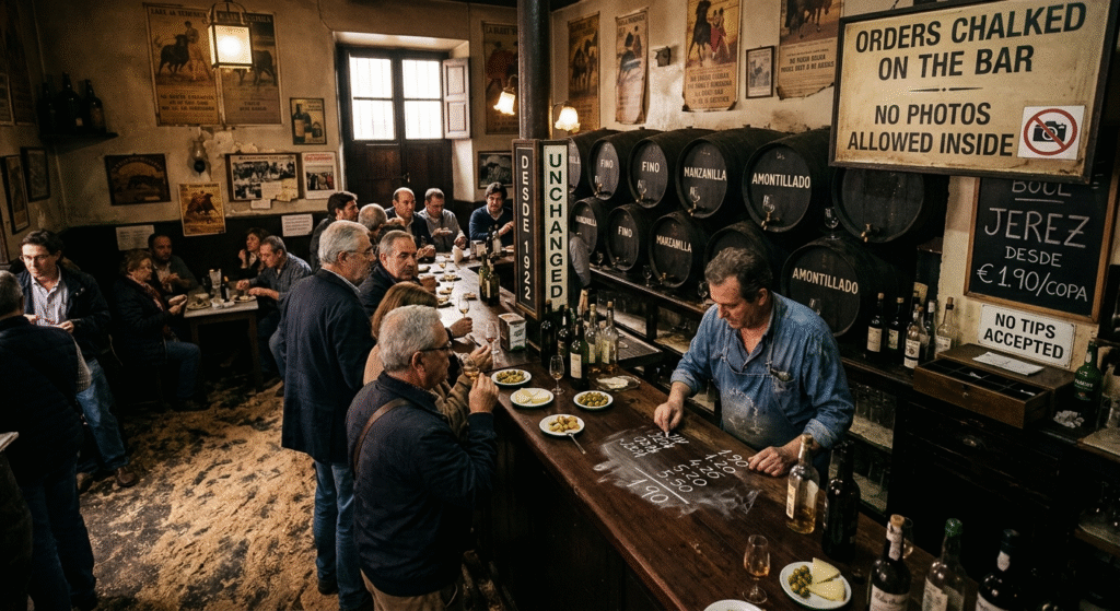 La Venencia Madrid sherry bar Huertas 1922 barrels oak sherry historic dimly lit interior Echegaray