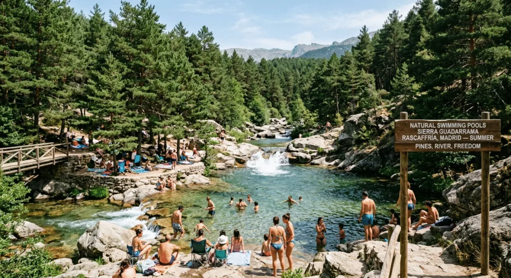 Natural swimming pools Sierra de Guadarrama Rascafría Madrid summer pine trees river cold fresh water
