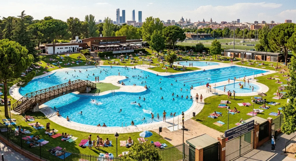 Piscinas municipales Madrid 2026 outdoor public pool summer local families sunbathing €4.50