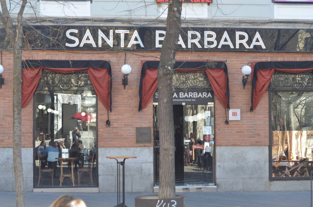 Classic historic facade of Santa Barbara traditional tapas bar in Madrid.