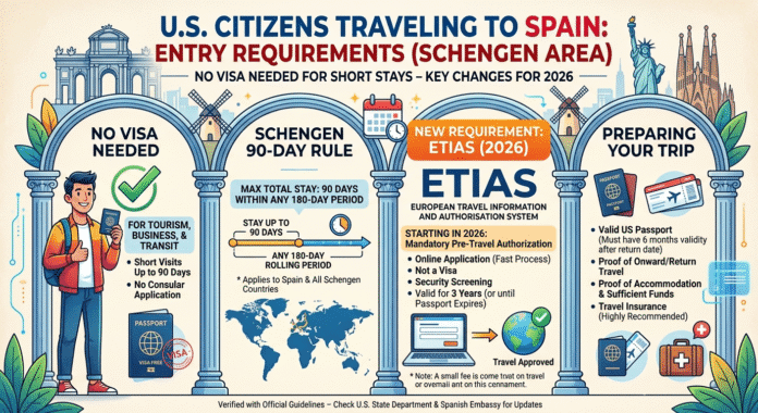 US passport Spain entry requirements Schengen 90 days ETIAS 2026 no visa needed Americans