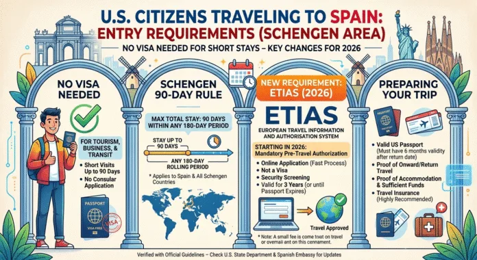 US passport Spain entry requirements Schengen 90 days ETIAS 2026 no visa needed Americans