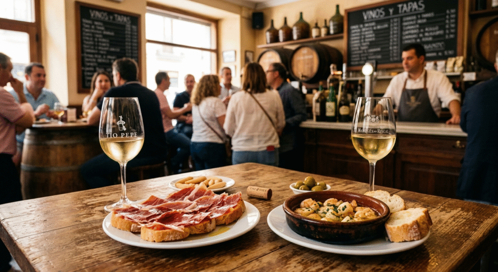 Wine tapas pairing Madrid jamón fino sherry verdejo gambas anchovies local guide 2026