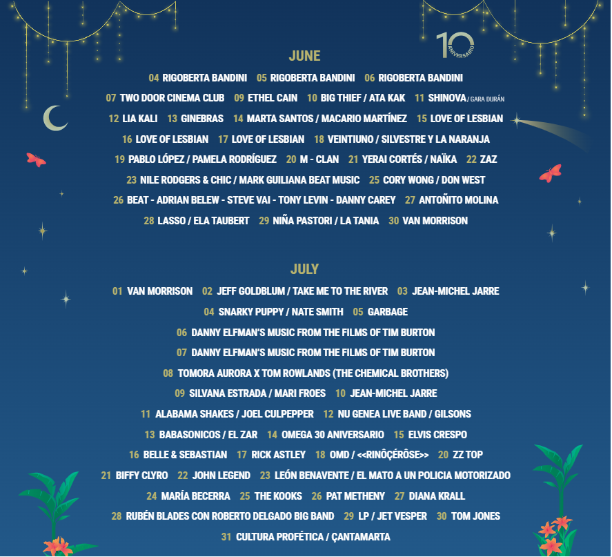 	Noches del Botánico 2026 lineup cartel artistas Van Morrison Tom Jones John Legend Garbage ZZ Top Danny Elfman anniversary